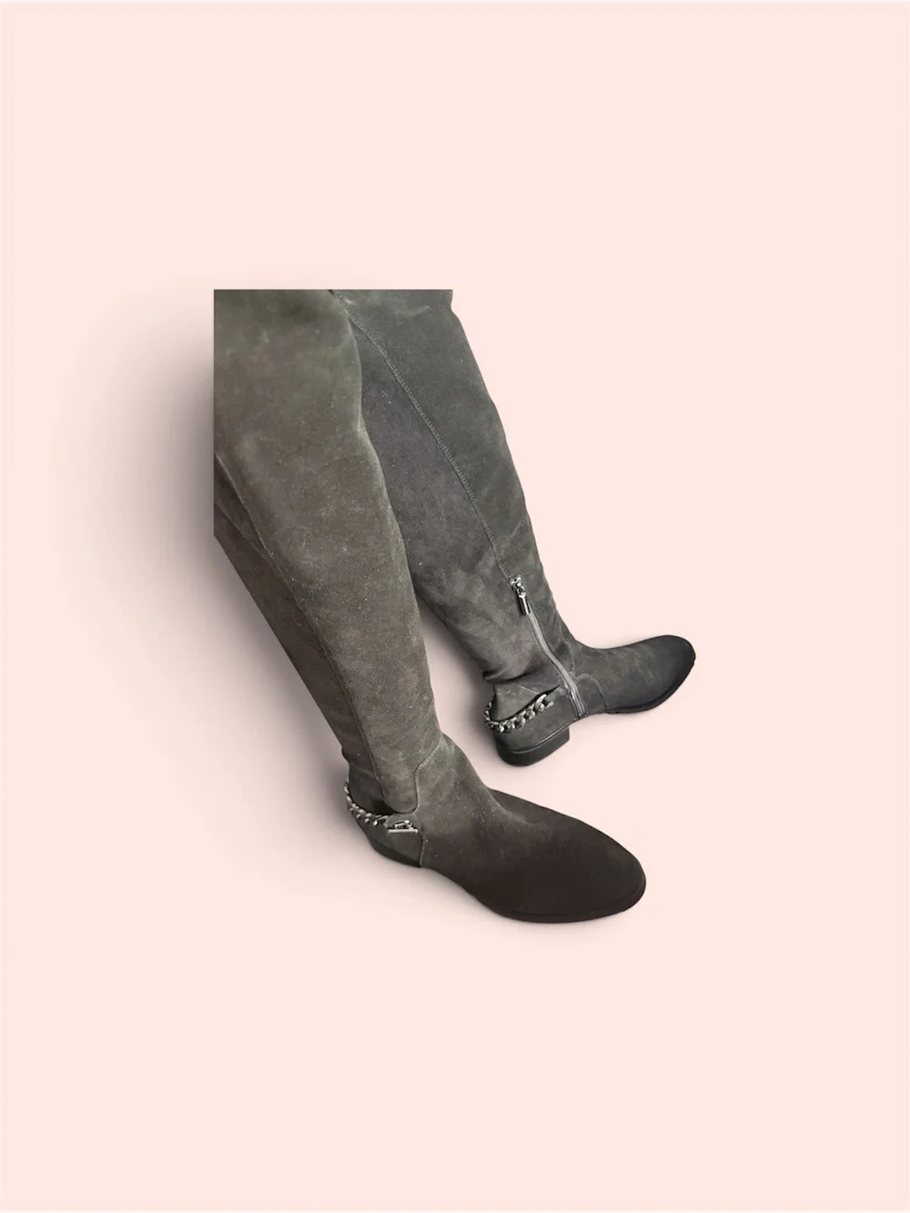 Karl Lagerfeld Gray Over-the-Knee Suede Boots with Chain Heel Accent NWOT